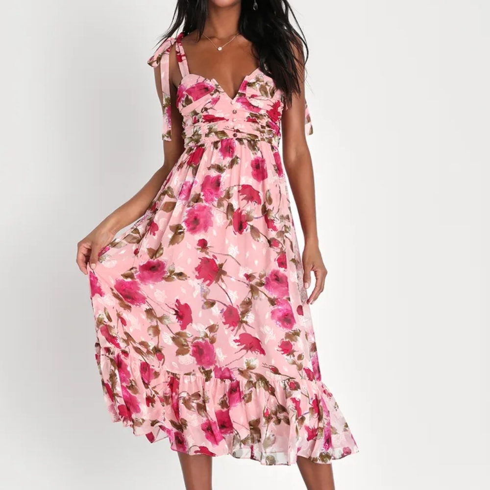 Lulus Lush Loveliness Pink Floral Jacquard Tie-Strap Midi Dress sz XS
